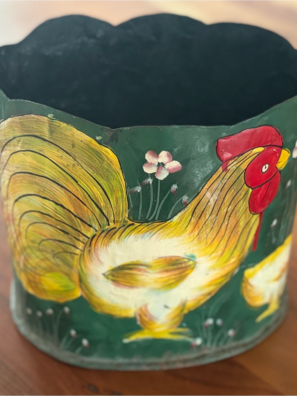 Hand-Painted metal Rooster and chick planter colorful